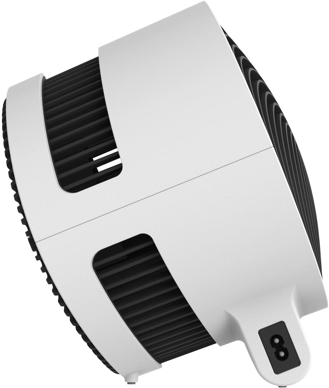 Ein weißer und schwarzer Ventilator mit geschwungenem Design, Seitenansicht, zeigt die Lüftungsschlitze und den Stromeingang.