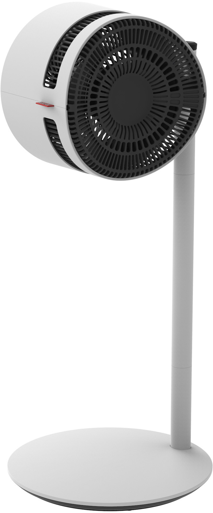 Weißer Ventilator mit schwarzer Mitte und weißem Sockel. Er steht auf einem weißen Ständer.