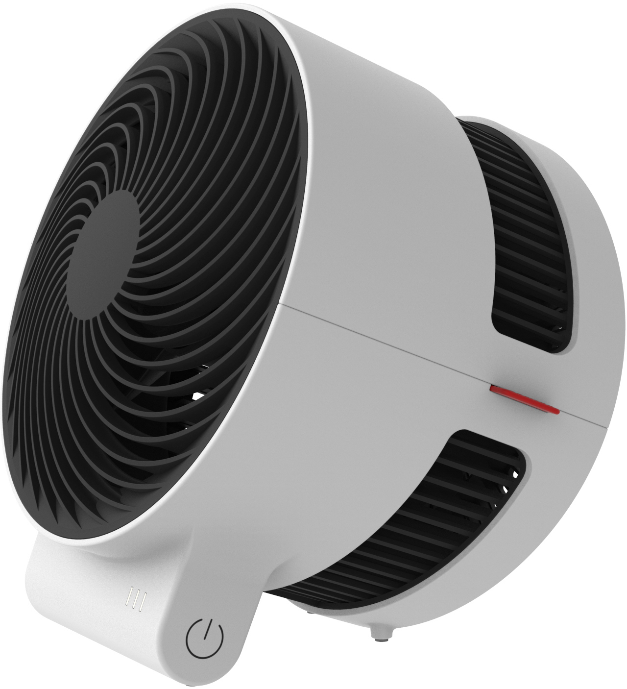 Weiß-schwarzer Ventilator mit rotem Schalter oben und Ein-/Aus-Taste unten.
