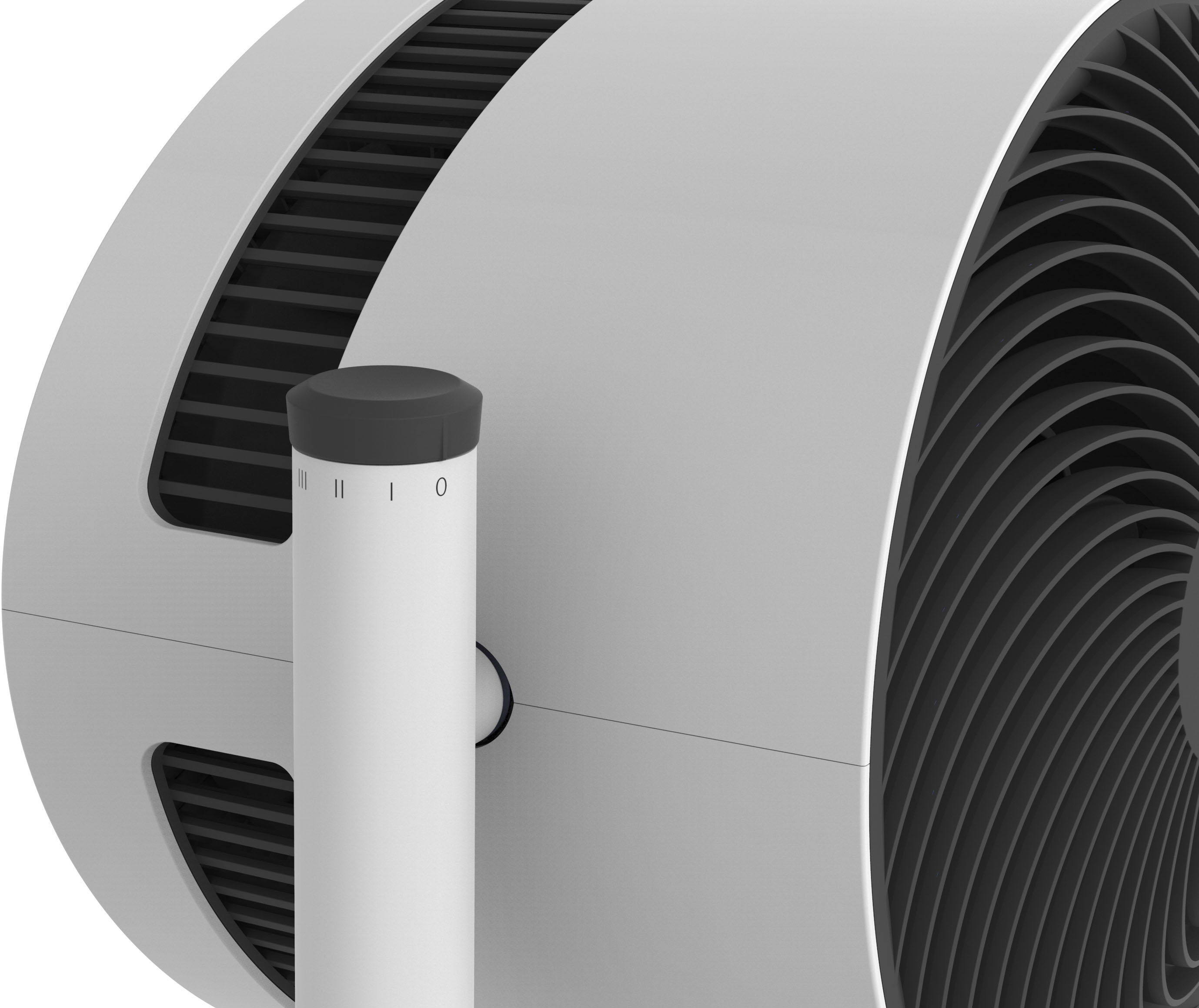 Weiß-grauer Ventilator. Der Ventilator hat ein Bedienfeld mit drei Einstellungen: 0, I und II.