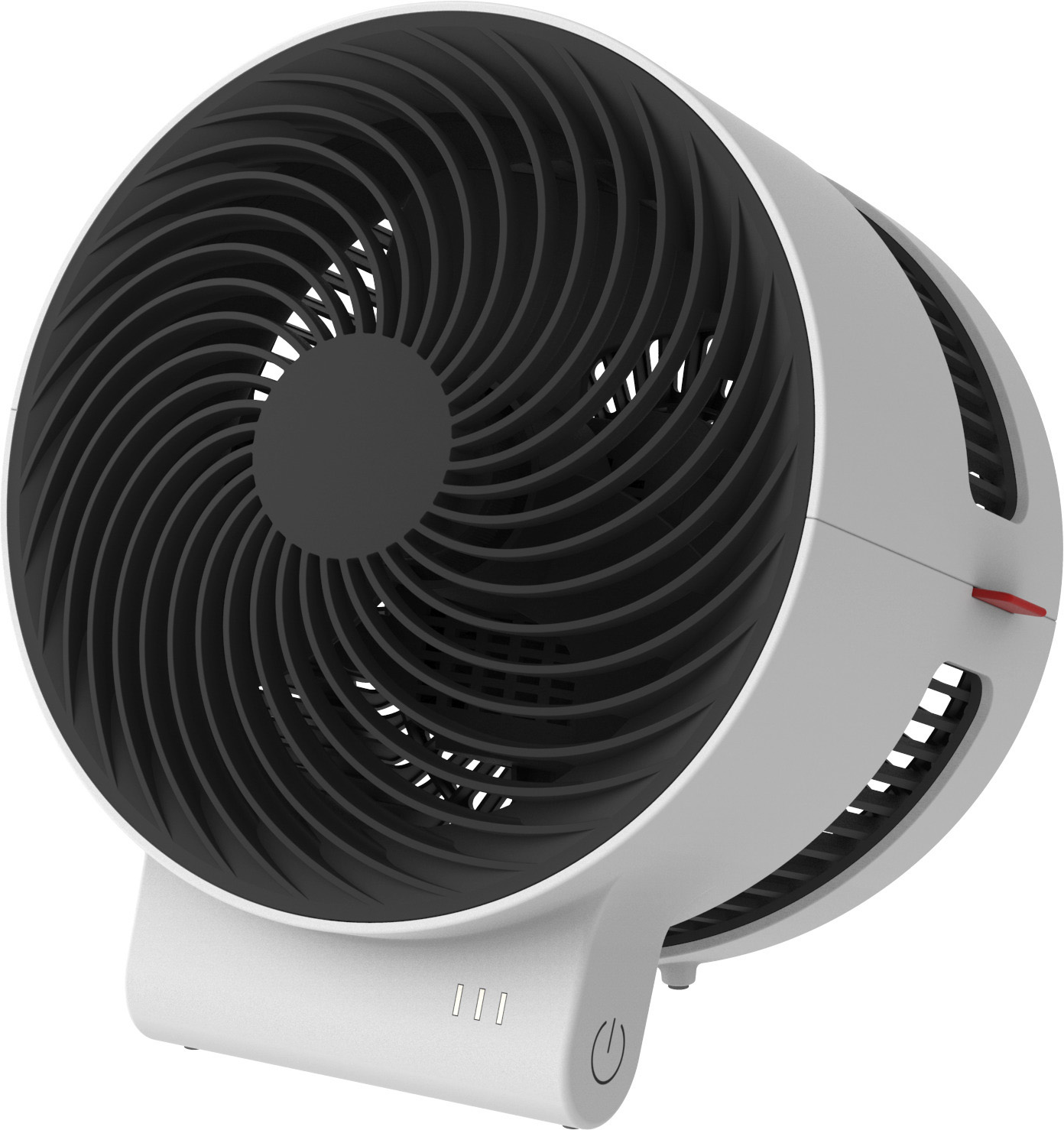Ein weiß-grauer Ventilator mit schwarzen Spiralblättern und rotem Akzent.