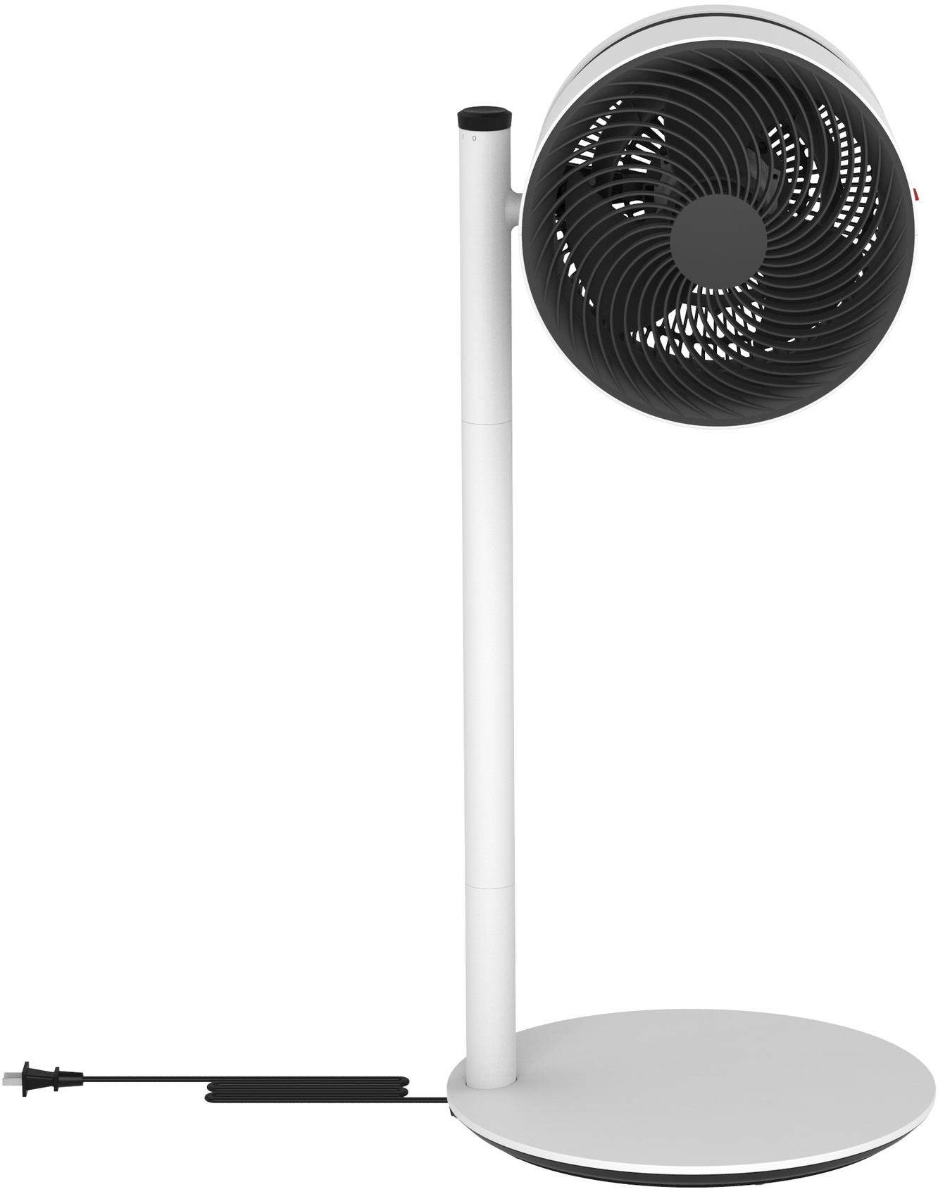 Weiß-schwarzer Standventilator. Der Ventilator steht auf einem Ständer und hat einen runden Kopf.