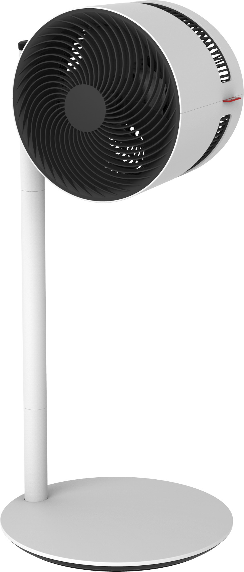 Weißer Standventilator mit schwarzer Lüfterfläche. Weißer Hintergrund.