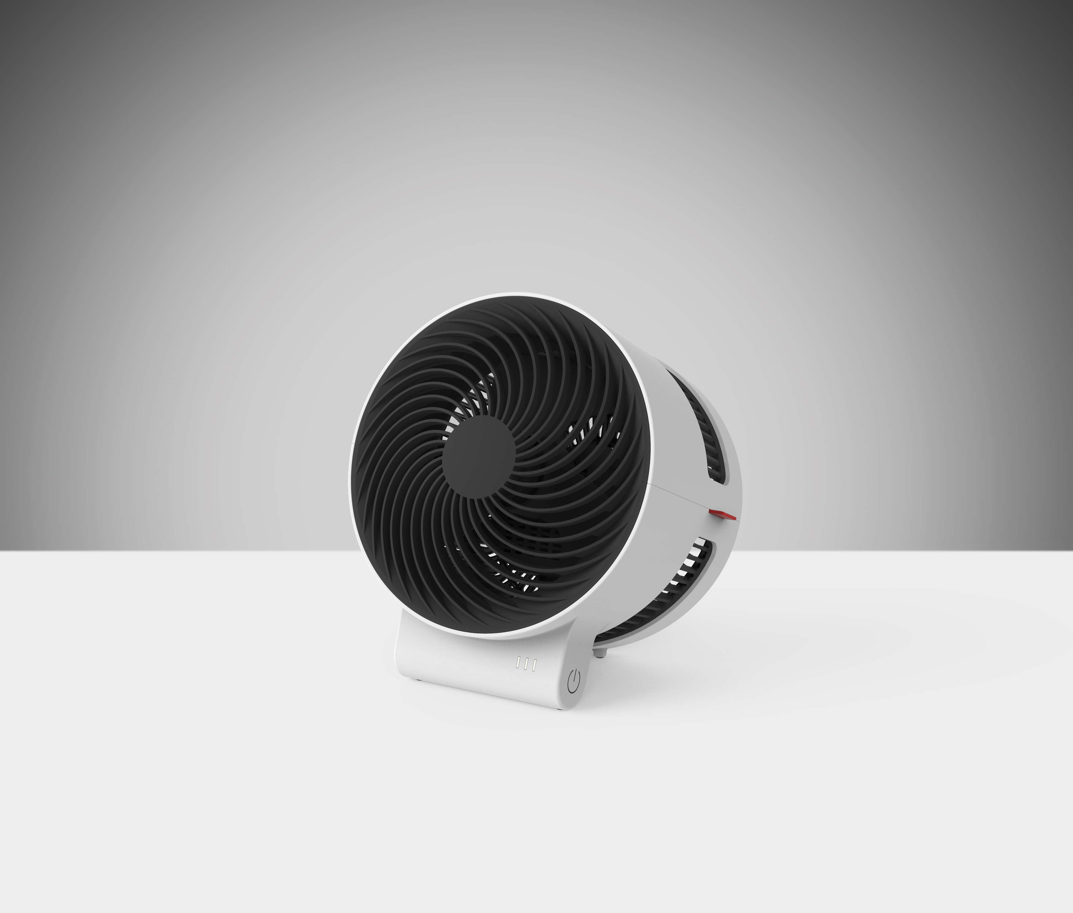 Weiß-grauer zylindrischer Ventilator mit schwarzem Spiralgrill, isoliert.