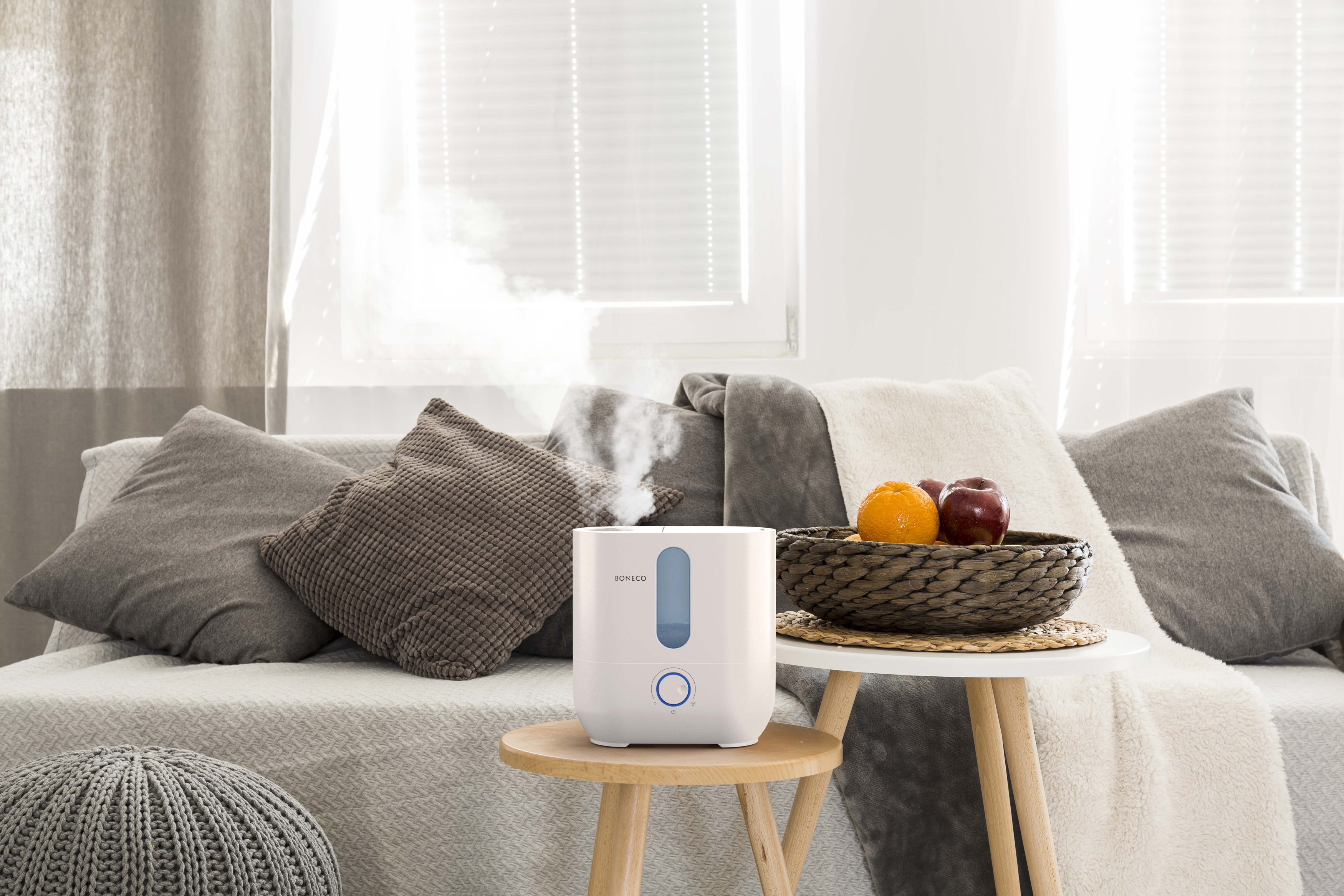 Ein Luftbefeuchter steht auf einem Tisch neben einem Sofa, mit Kissen und einem Obstkorb.