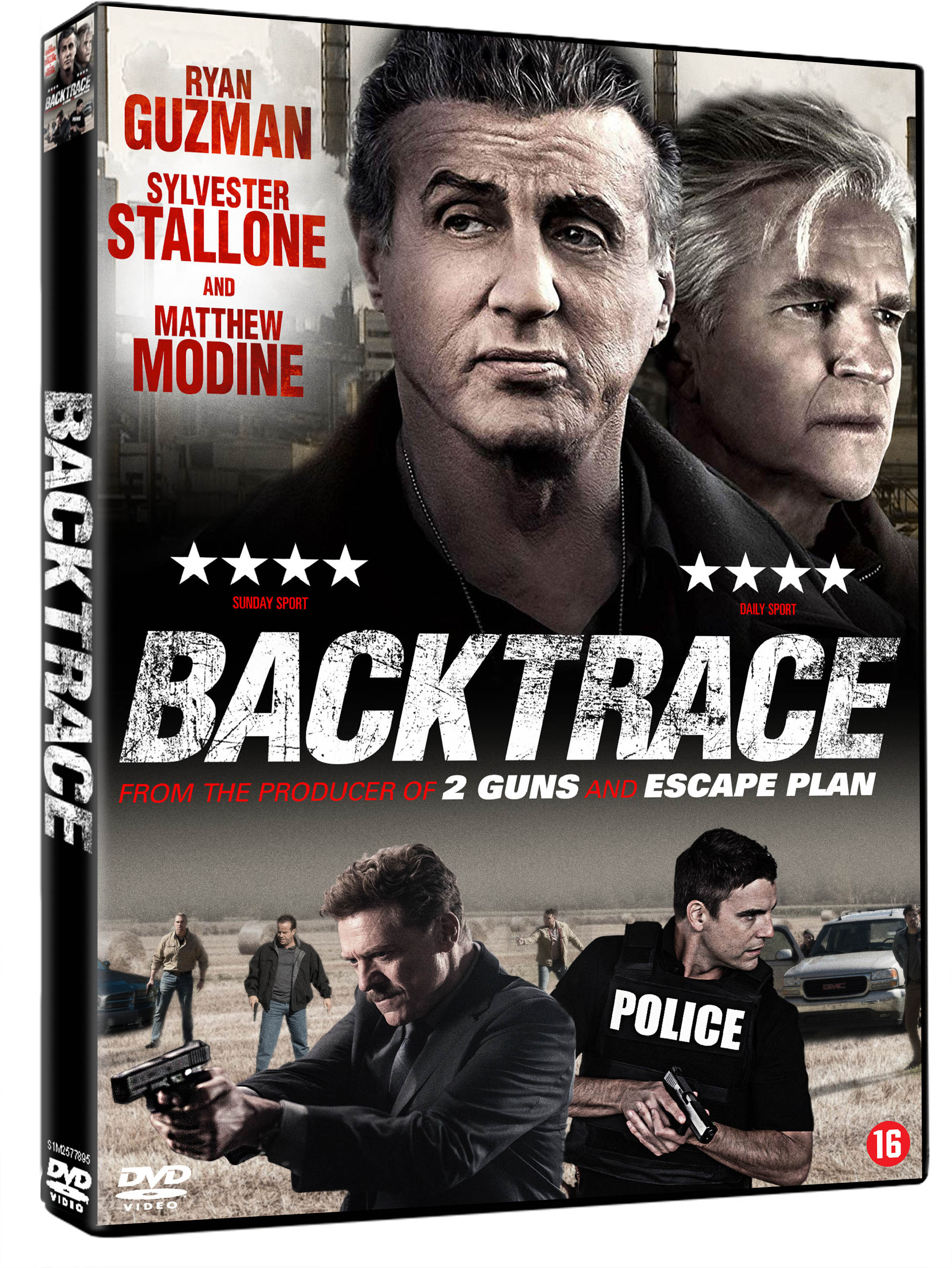 Couverture DVD du film Backtrace, avec Ryan Guzman, Sylvester Stallone et Matthew Modine. Scènes d'action visibles.