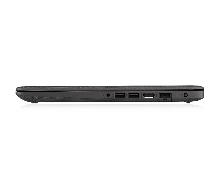 Vista lateral de un portátil negro. Tiene puertos USB, HDMI y de alimentación.