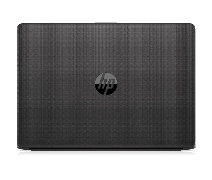 Ordenador portátil negro con el logotipo de HP en el centro, sobre un fondo blanco.