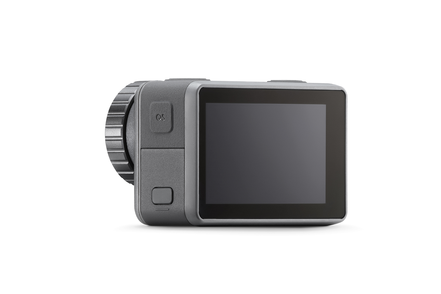 Een grijze actiecamera met een lens, een scherm en een knop. Het is geïsoleerd op een witte achtergrond.