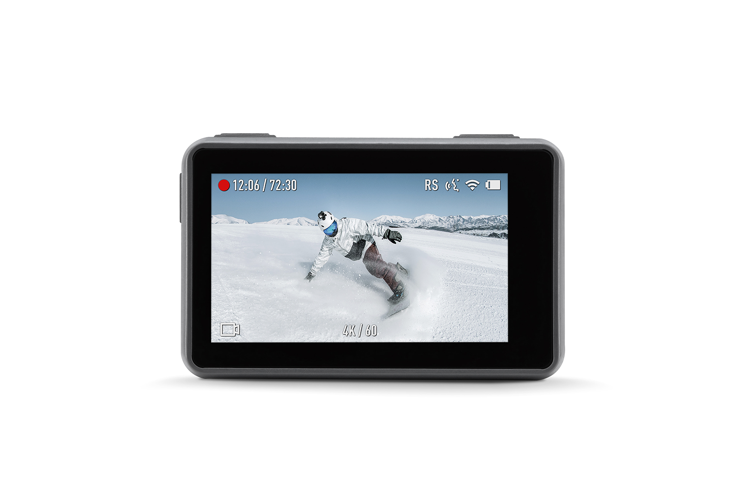 Actiecamerascherm met een snowboarder op een besneeuwde helling. Witte achtergrond.