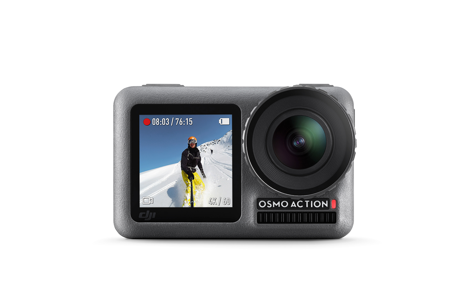 DJI Osmo Action camera die een skiër op een besneeuwde berg laat zien.