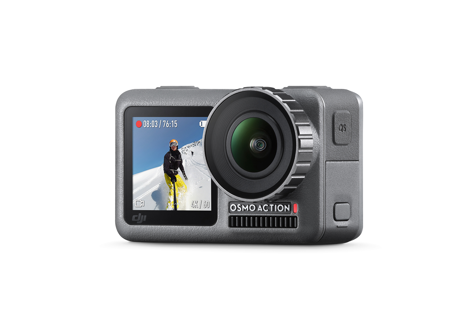 Grijze actiecamera met een scherm waarop een skiër op een besneeuwde helling te zien is. Een zwarte lens zit vooraan.