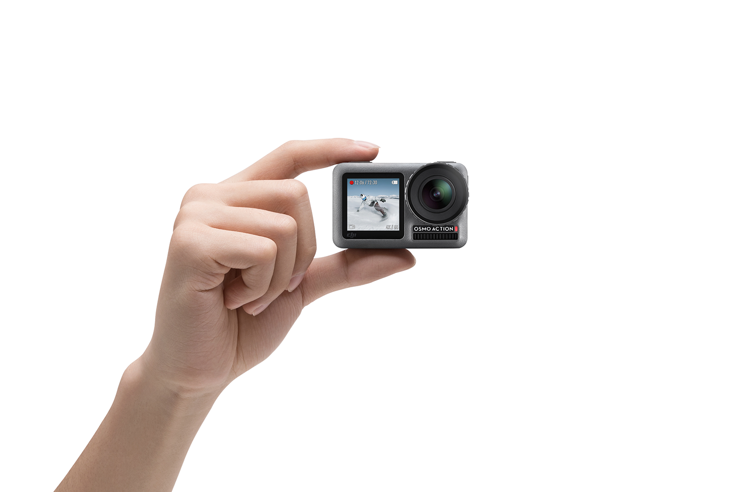 Een hand die een kleine zwarte camera vasthoudt met een scherm met een besneeuwde berg.