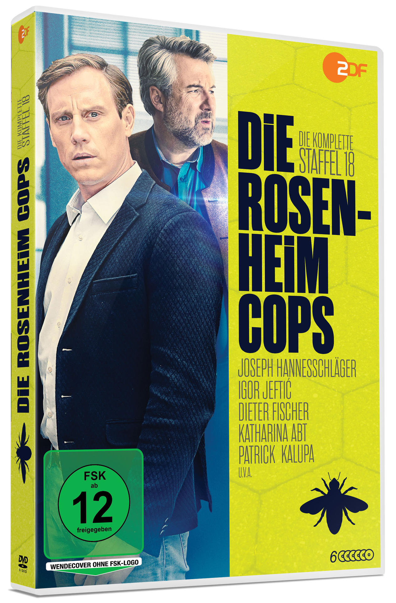 DVD-Cover von 'Die Rosenheim Cops' mit zwei Männern im Anzug. Ein grünes Banner links.