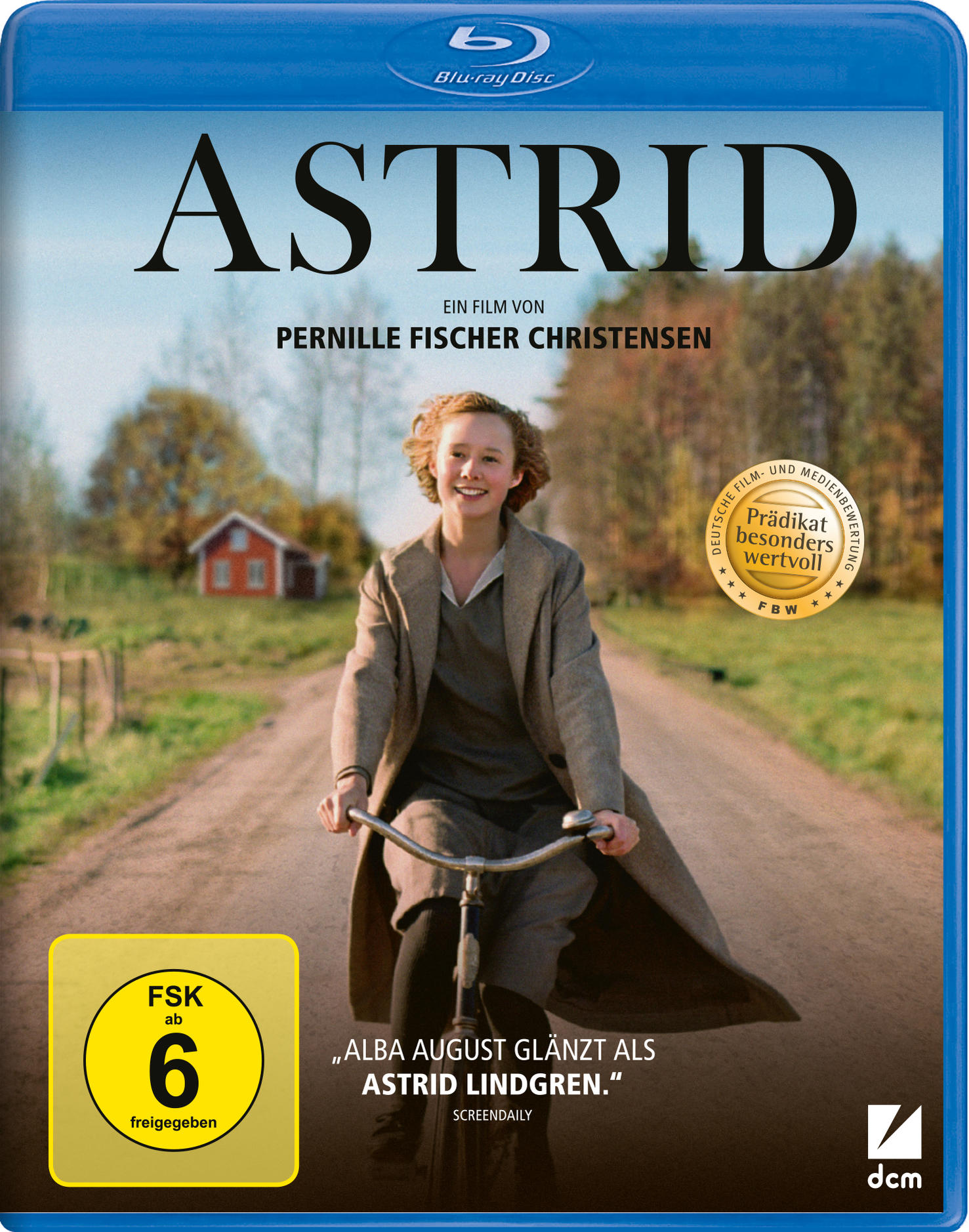 Filmcover von 'Astrid' mit Frau auf Fahrrad, blaue Disc und Text. Grüner Hintergrund.