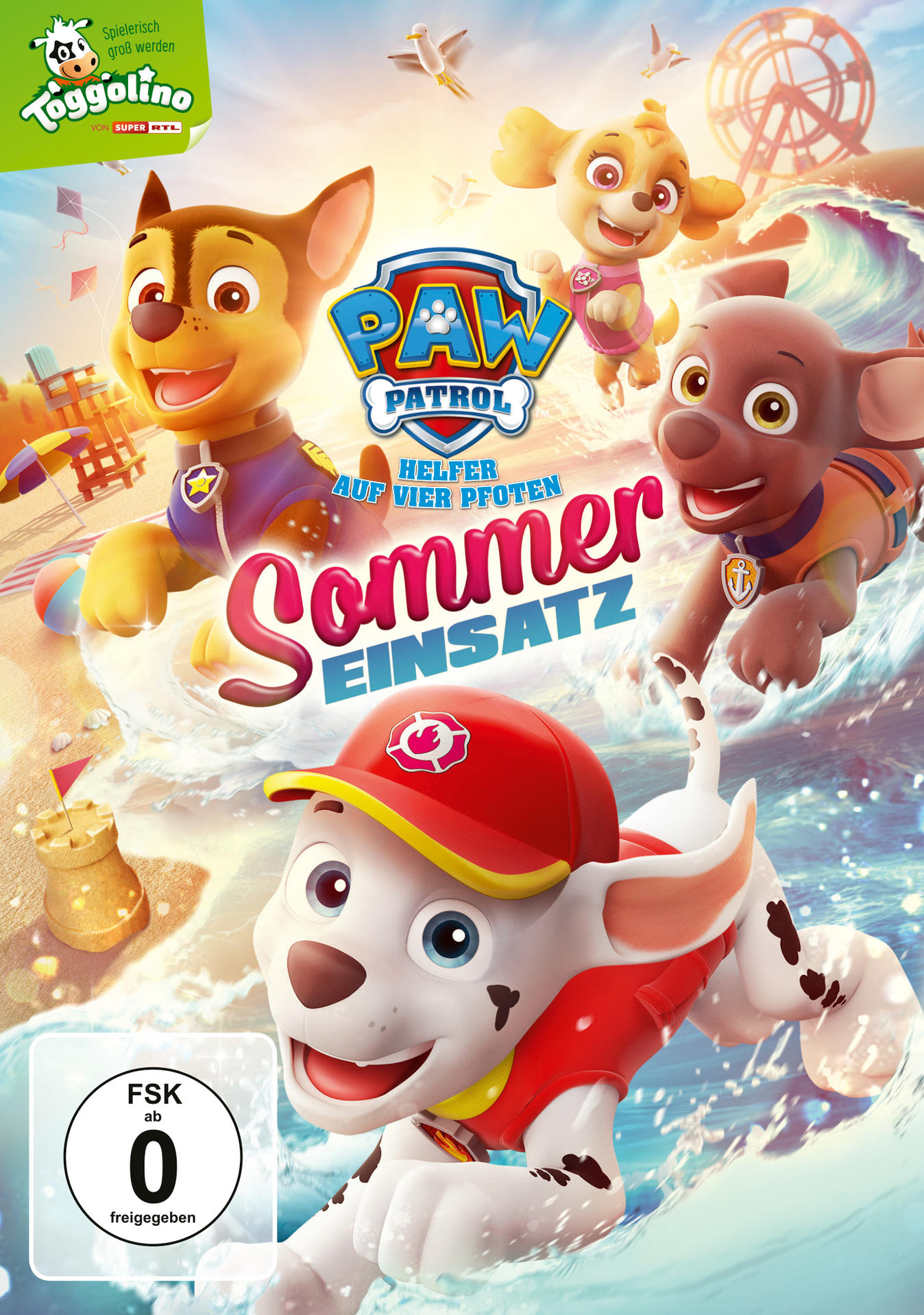 DVD-Hülle mit Paw Patrol-Figuren, blauem Wasser und einer Strandszene.