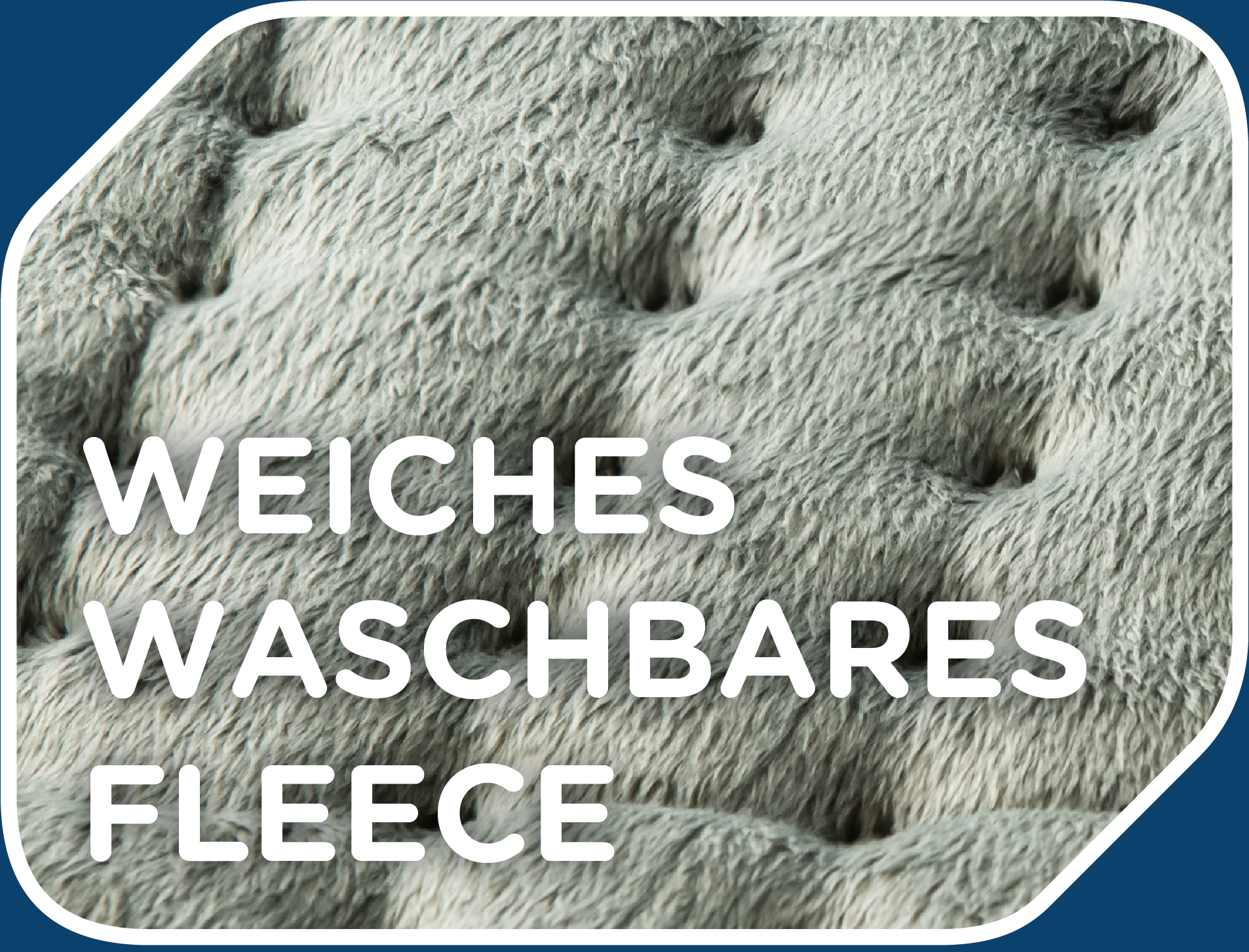Nahaufnahme eines grauen, weichen Fleece-Stoffs mit den Worten 'WEICHES WASCHBARES FLEECE' in weißem Text.