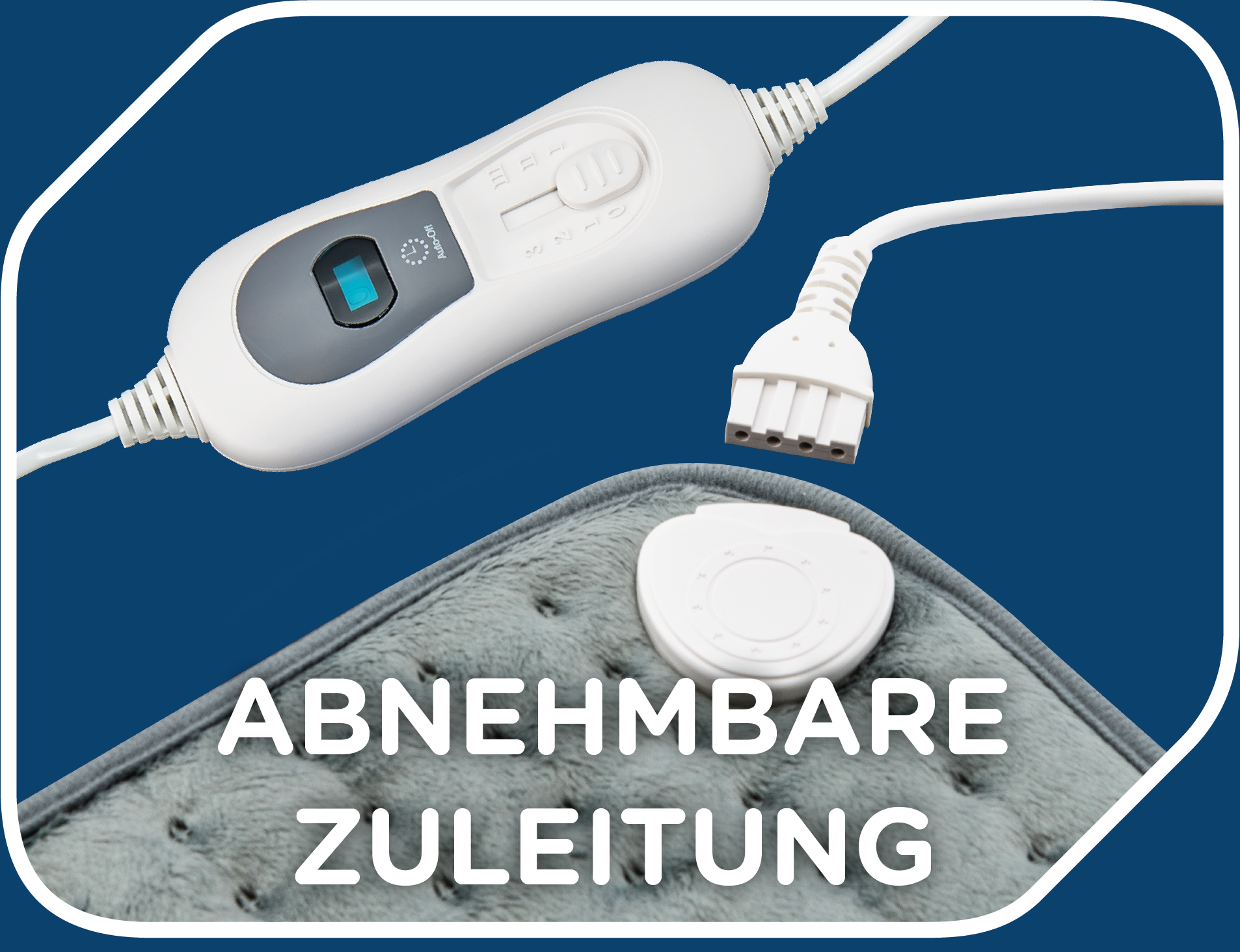 Eine weiße Heizkissensteuerung mit mehreren Einstellungen und ein Netzkabel liegen auf einem grauen Heizkissen. Text lautet 'ABNEHMBARE ZULEITUNG'.