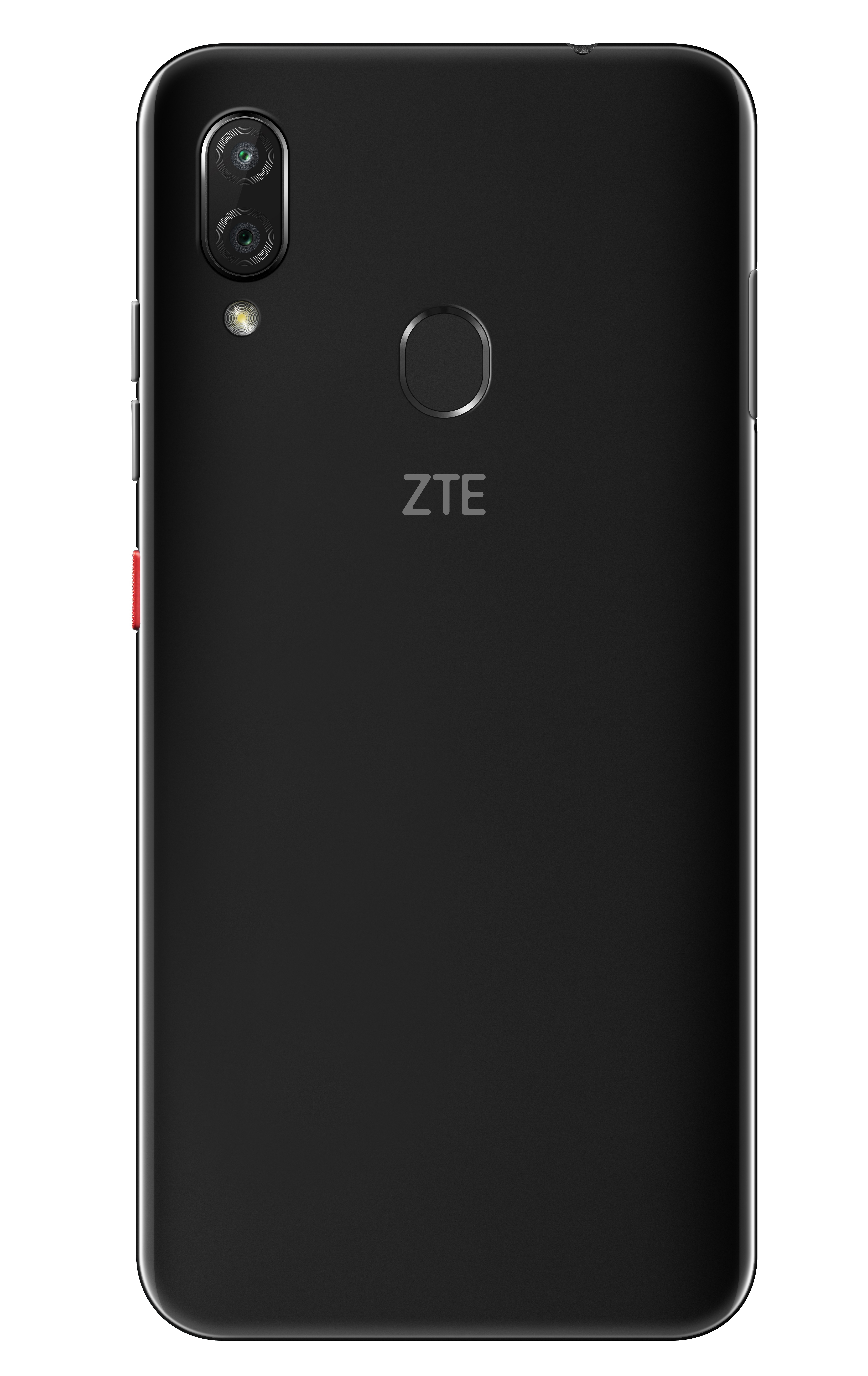 Die Rückseite eines schwarzen ZTE-Telefons. Es hat zwei Kameras, einen Fingerabdruckleser und das ZTE-Logo.