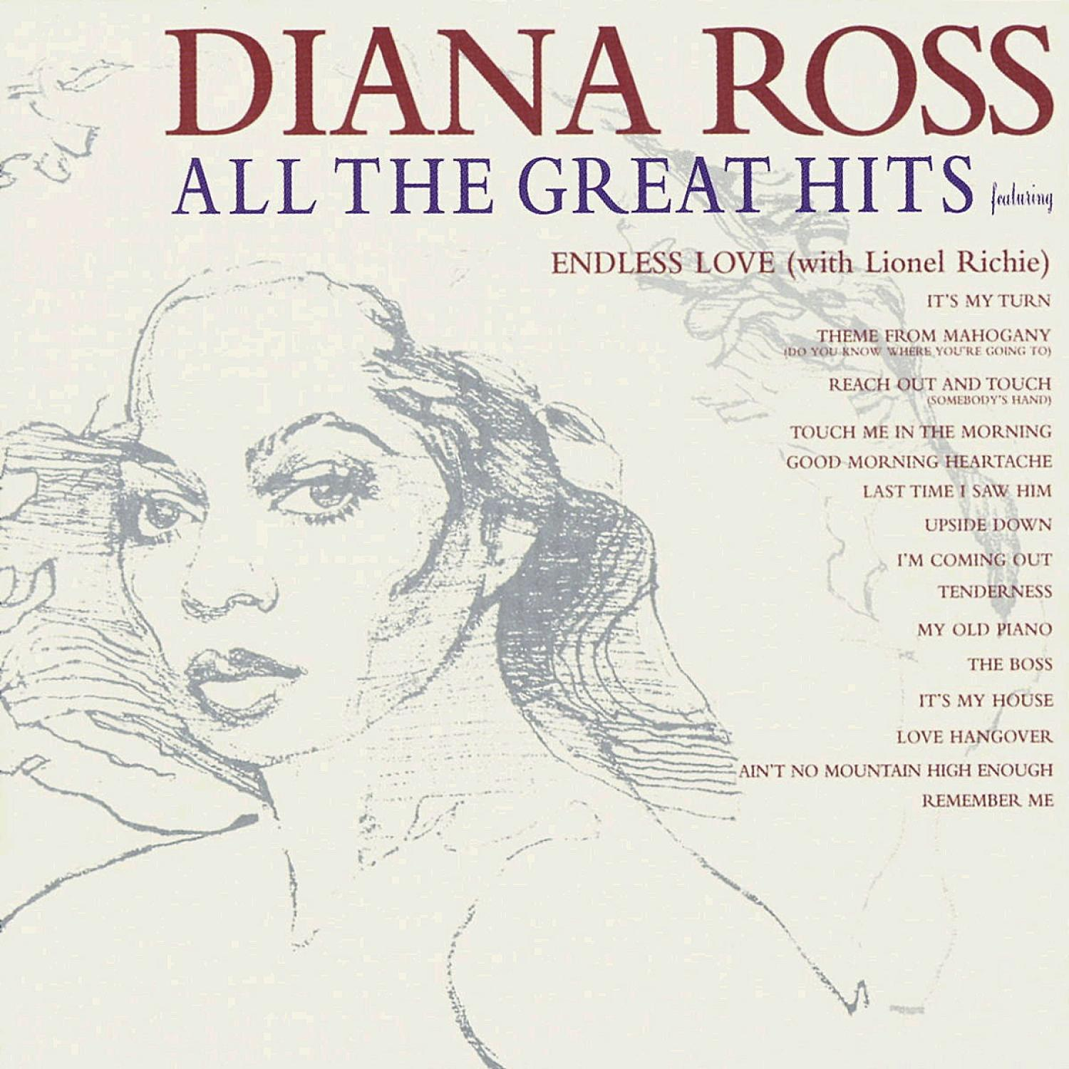 Diana Ross Albumcover mit ihrem Bild und einer Liste von Songs, darunter 'Endless Love'.