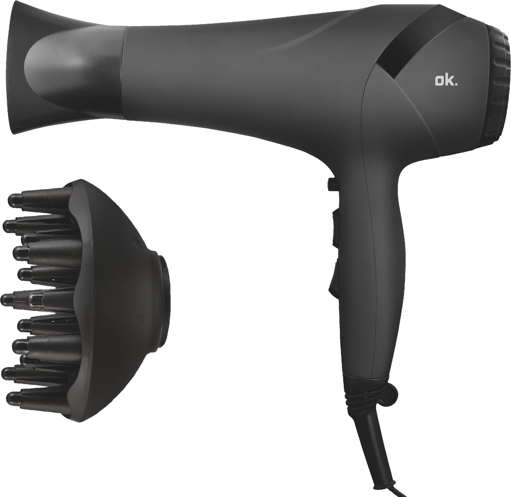 Asciugacapelli nero con un attacco diffusore. L'asciugacapelli è angolato verso sinistra.