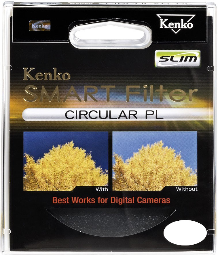 Een Kenko Smart Filter doos met twee foto's die het effect van de filter op een boom laten zien.