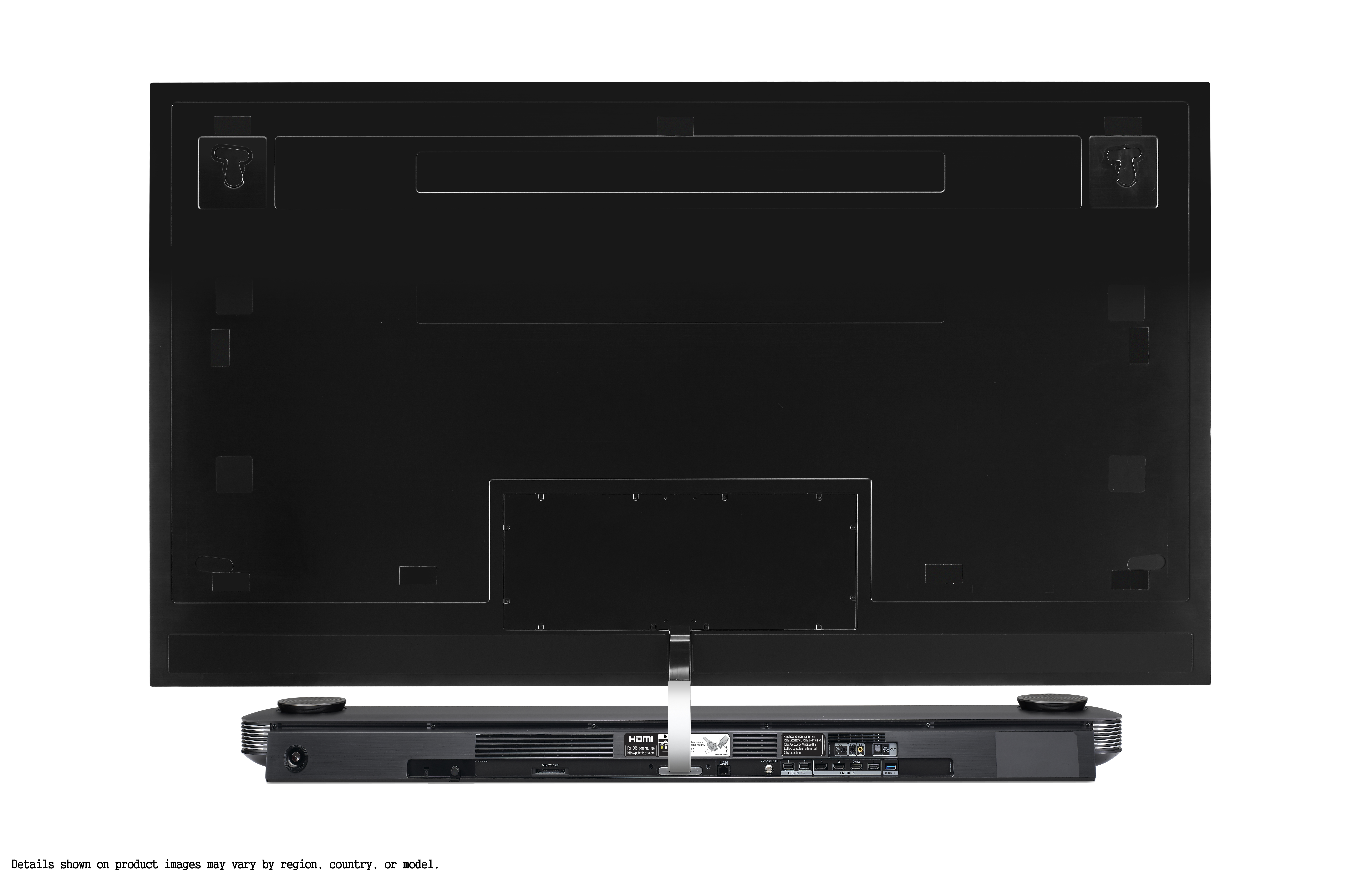 La parte trasera de un televisor de pantalla plana negro grande y una barra de sonido. Varios puertos son visibles.