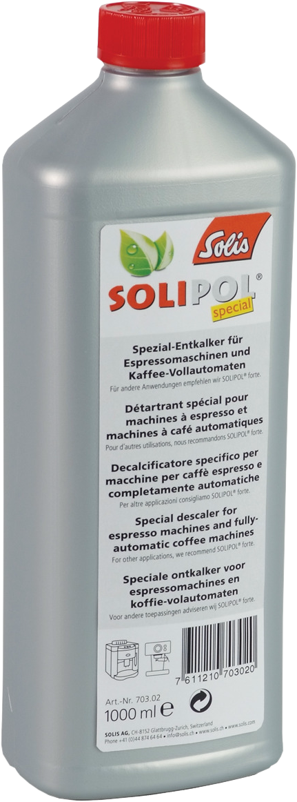 Solis Spezial-Entkalkerflasche mit mehrsprachigen Textetiketten.