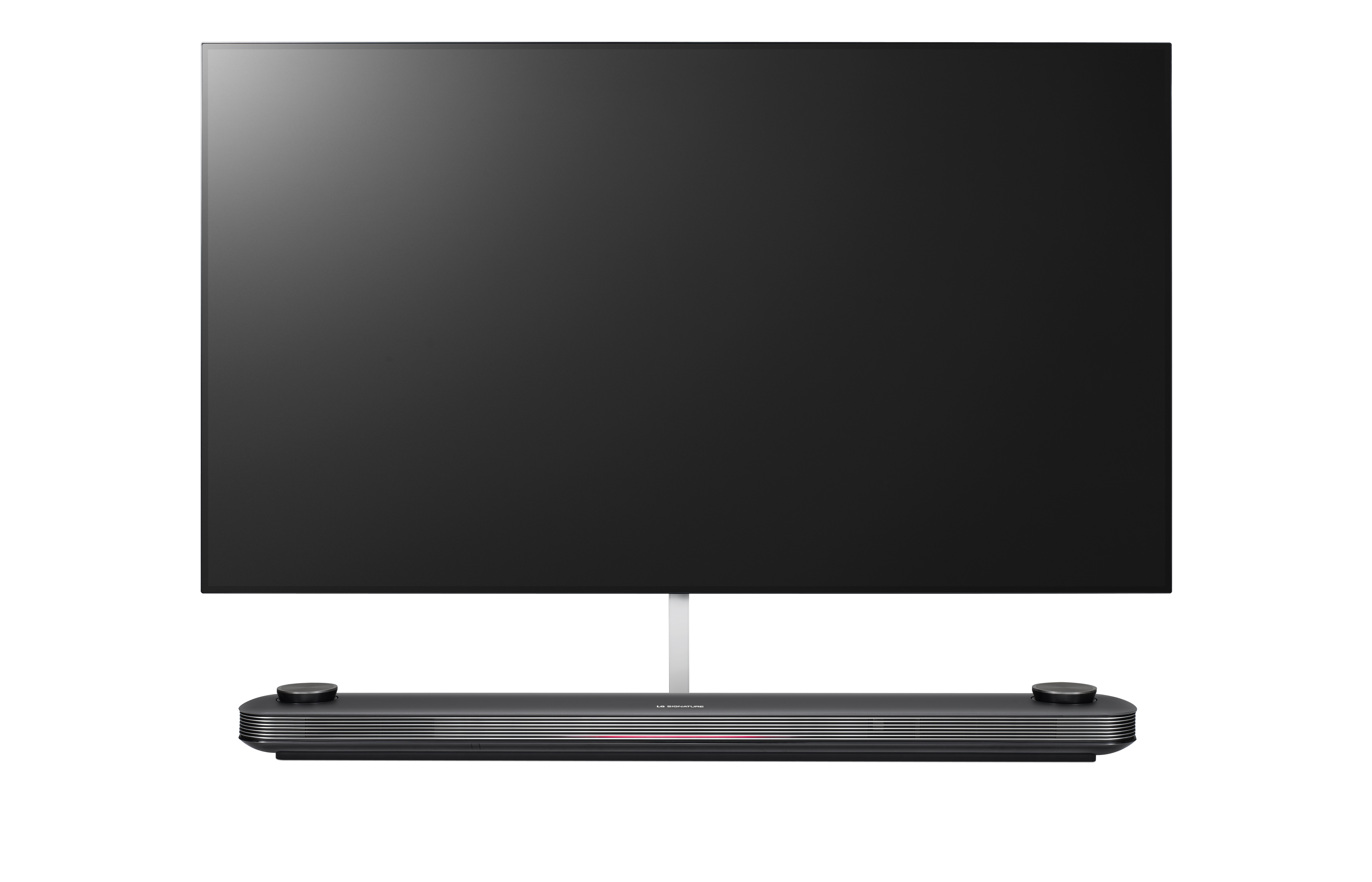 Un televisor negro elegante con una barra de sonido. El televisor tiene una pantalla negra grande.