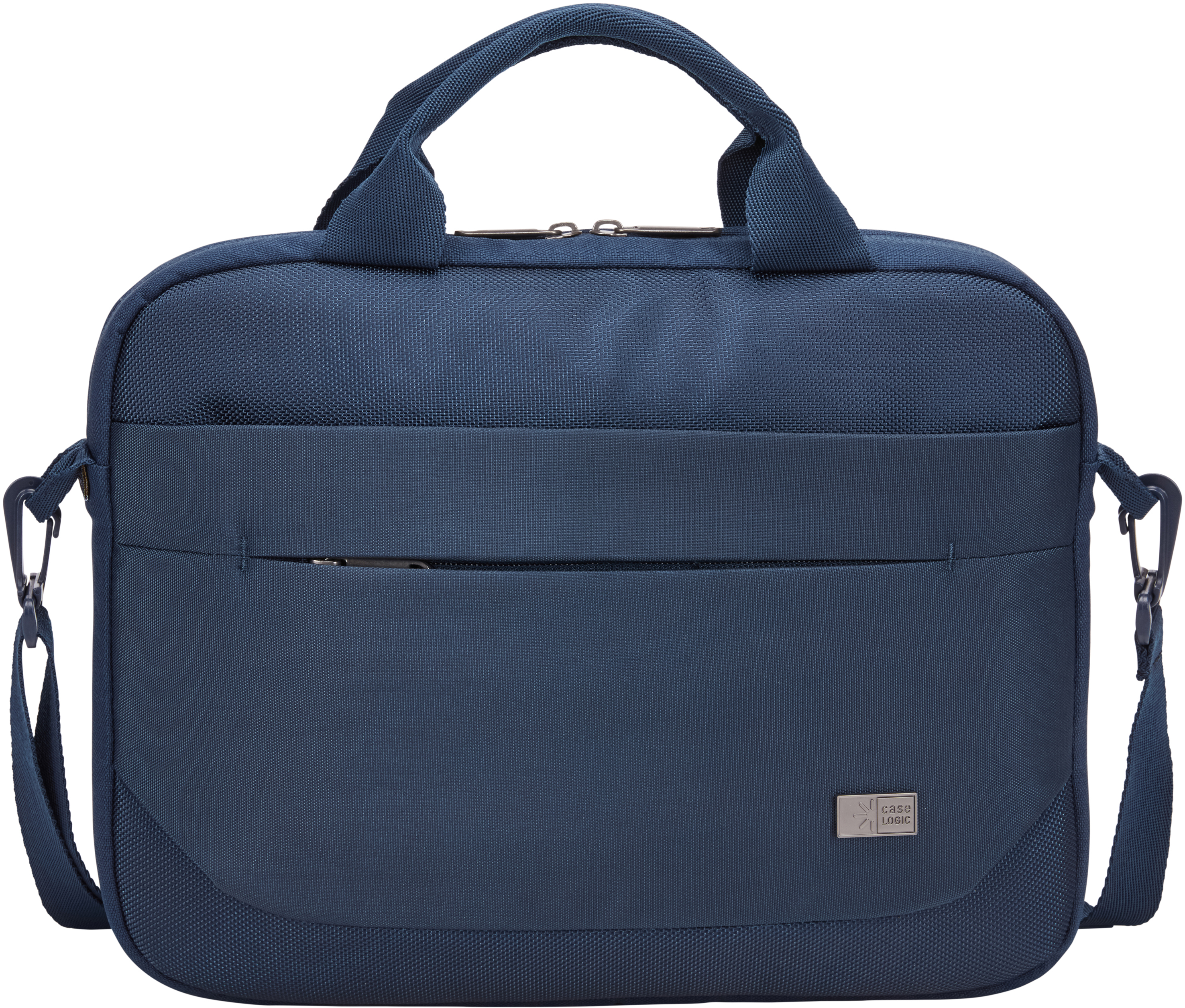 Eine blaue Aktentasche von Case Logic mit Griff, Schulterriemen und Vordertasche.