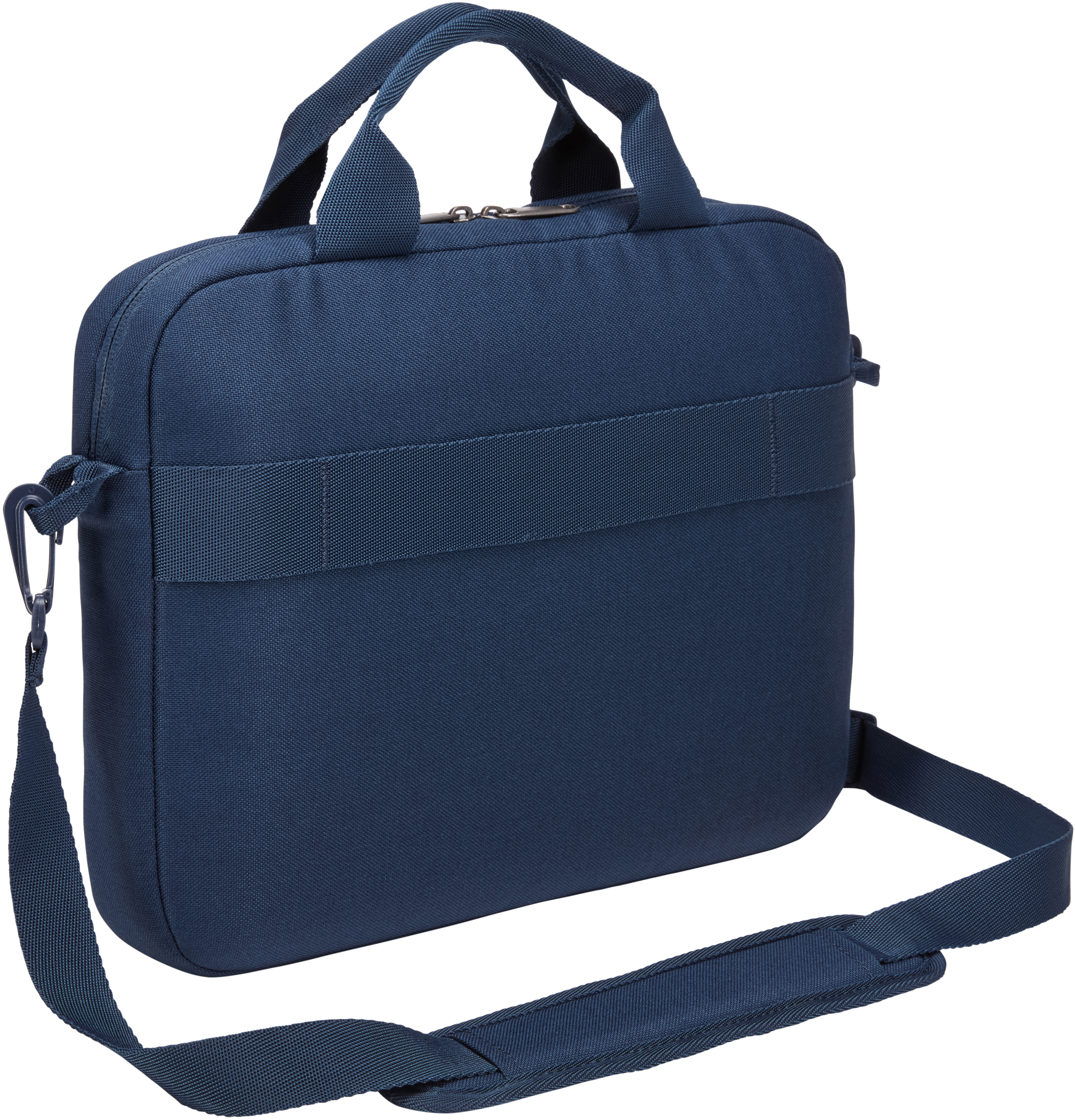 Blaue Laptoptasche mit Schultergurt und Griff.