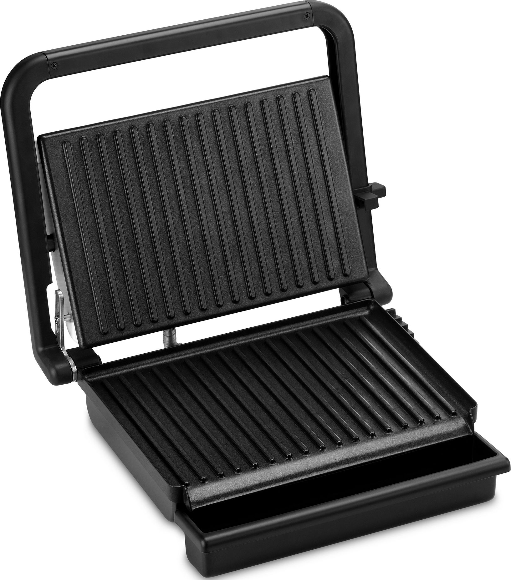 Ein offener, schwarzer Kontaktgrill mit geriffelten Grillplatten und einer Auffangschale.