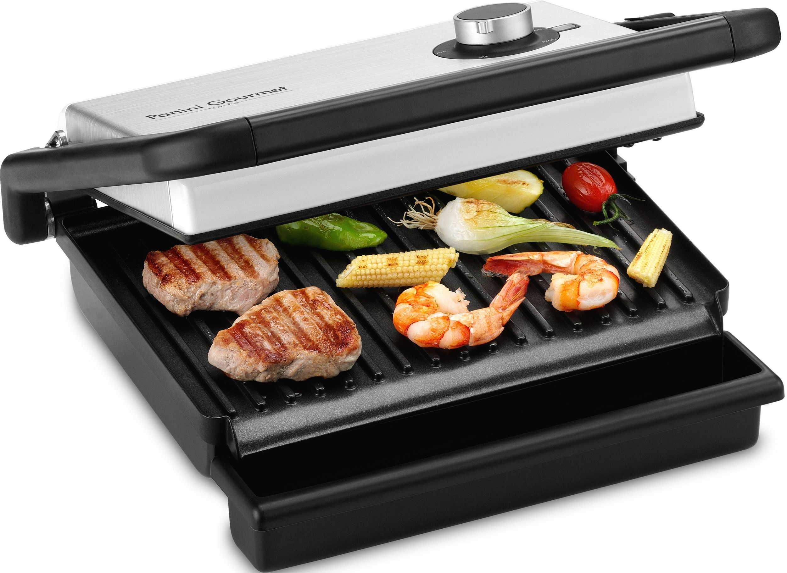 Fleisch, Garnelen und Gemüse werden auf einem Kontaktgrill gegrillt.