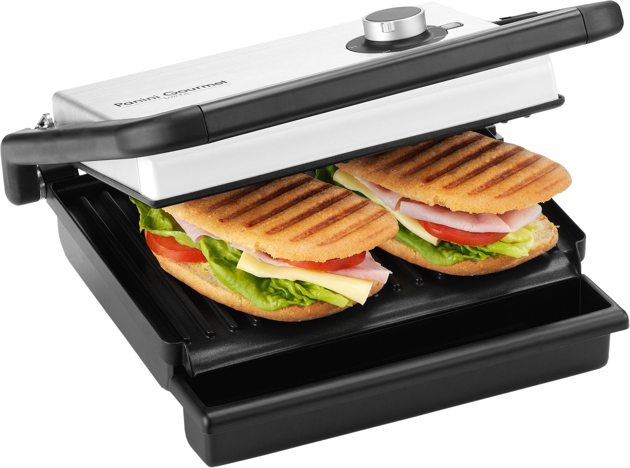 Zwei gegrillte Sandwiches mit Käse, Schinken, Tomaten und Salat in einem Kontaktgrill.