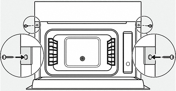 Eine Mikrowellenofen-Schematik. Zwei kreisförmige Einsätze fokussieren sich auf Schrauben. Schwarz-Weiß-Bild.