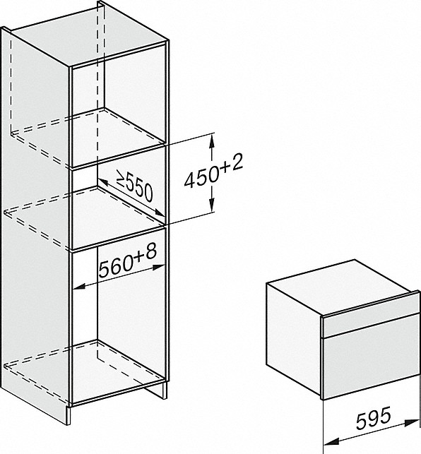 Diagramm, das einen Schrank mit Abmessungen und eine separate Box zeigt. Maße in Millimetern.