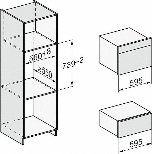 Diagramm eines Schranks mit Regalen und zwei Kästen. Maße sind angegeben.