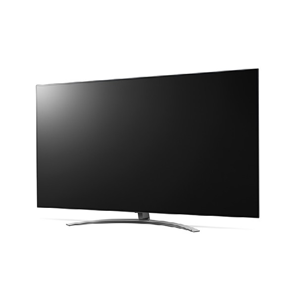 Televisor negro grande con soporte curvo sobre fondo blanco.