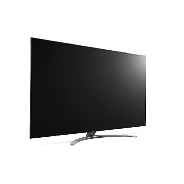 Televisor con base curva, pantalla negra, soporte plateado; aislado sobre blanco.