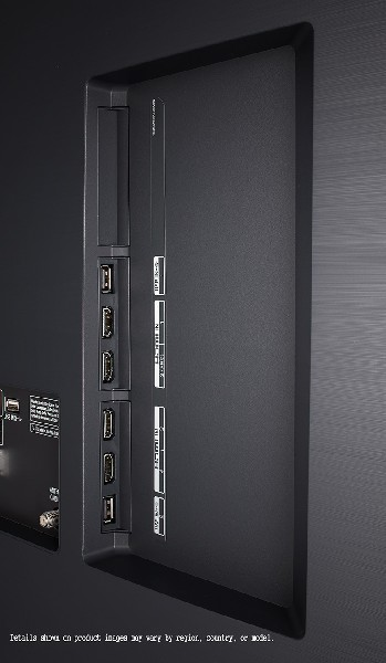 Panel trasero de un televisor negro, con varios puertos y etiquetas de conexión.