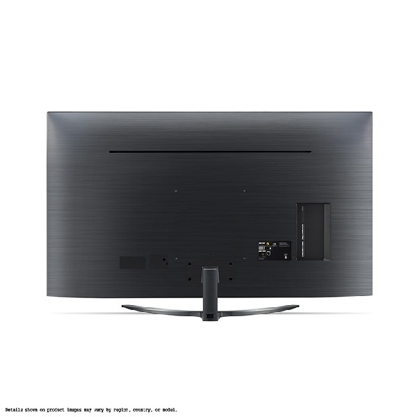 Parte trasera de un televisor LG grande, gris oscuro, con puertos y un soporte en la parte inferior.