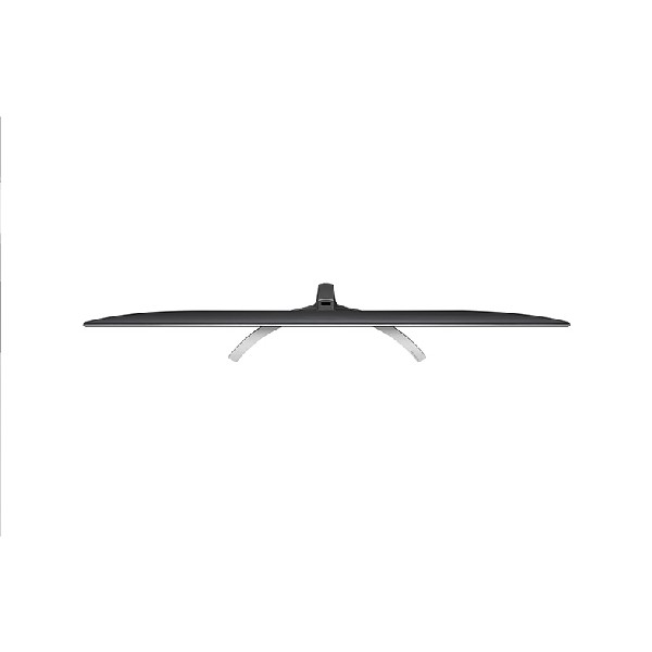 Vista superior de un televisor negro ancho con pantalla curva y soporte blanco.