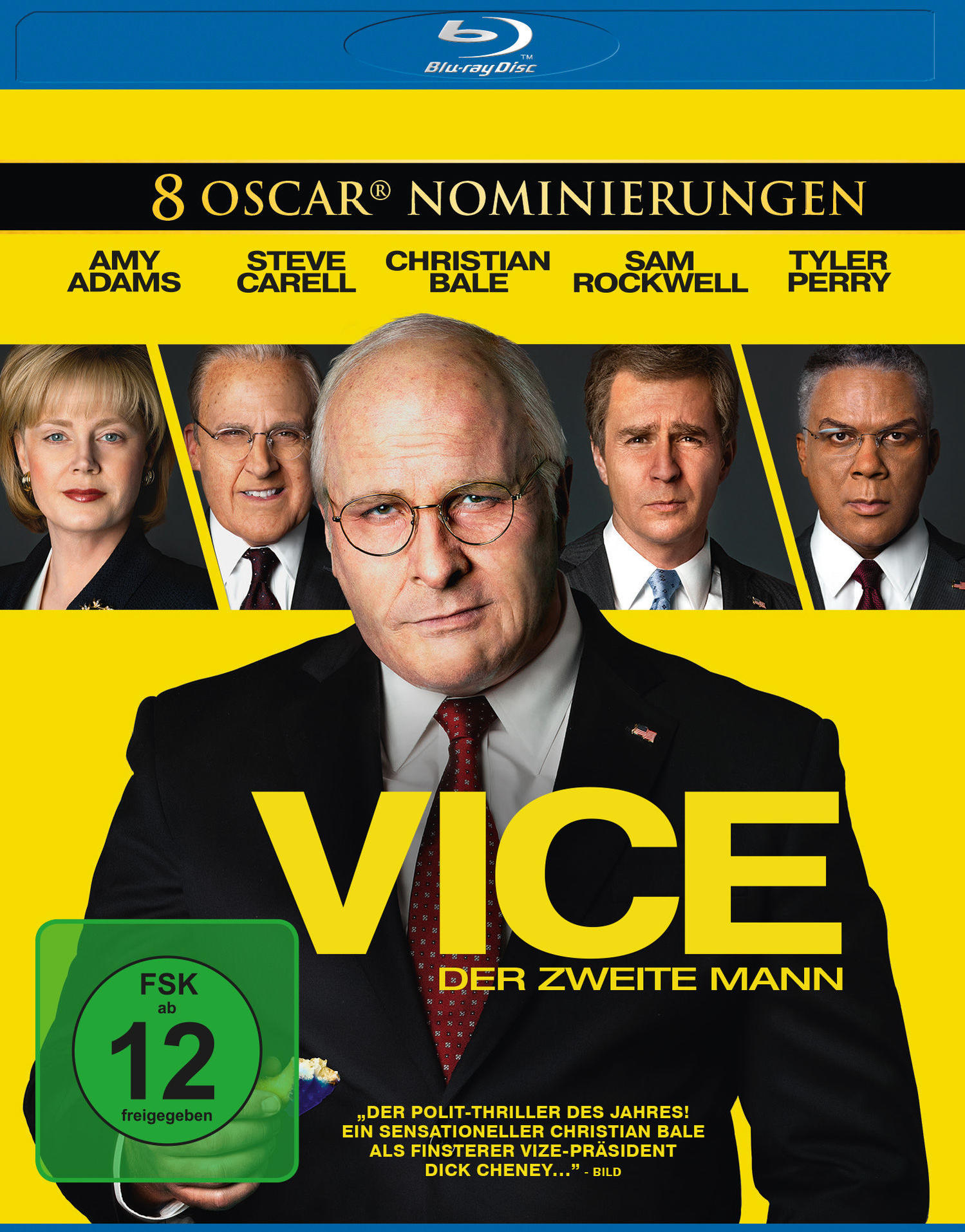Filmplakat für Vice. Porträts von Schauspielern mit gelbem Hintergrund.