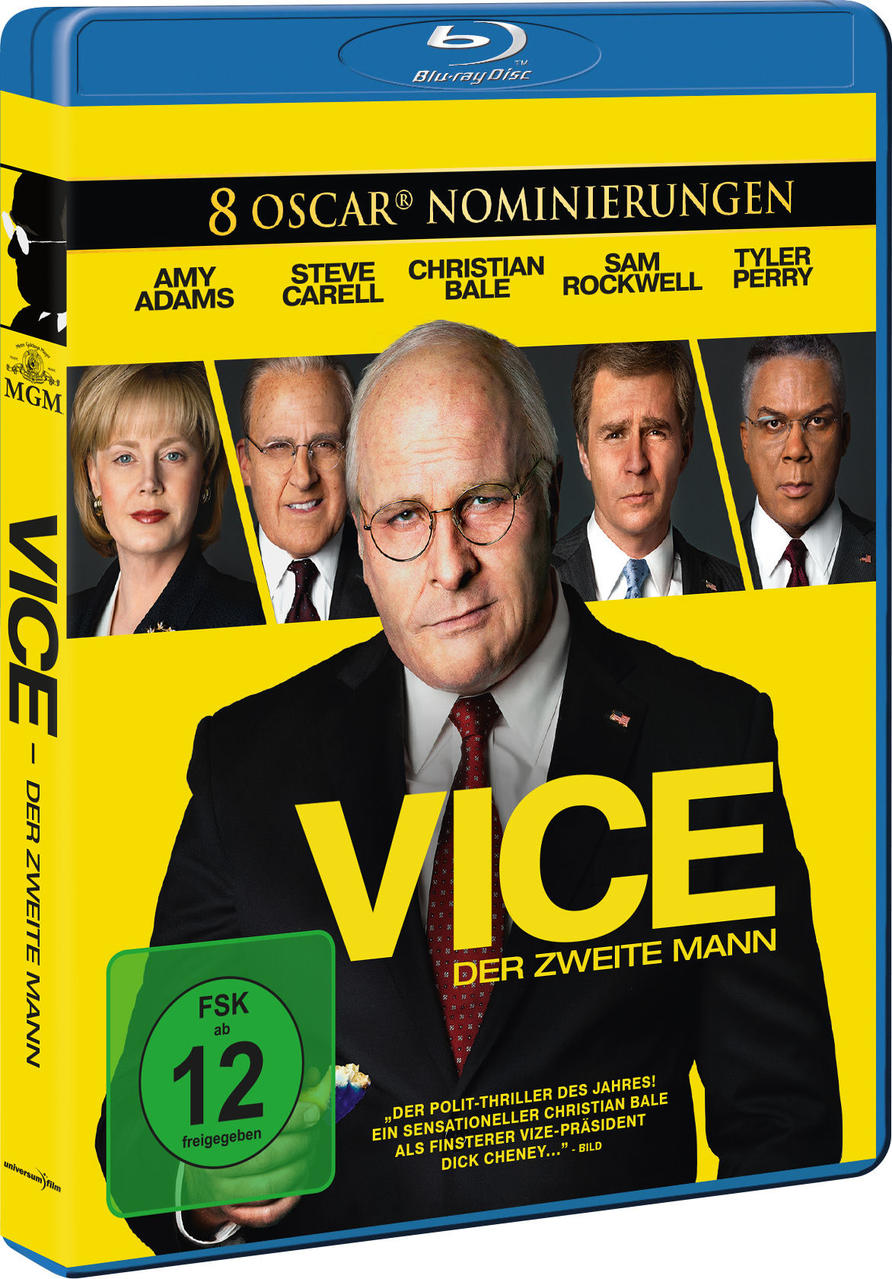 Blu-ray-Cover für den Film "Vice". Enthält Schauspieler wie Christian Bale und Amy Adams.