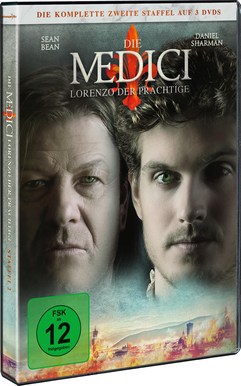 DVD-Hülle mit den Gesichtern von Sean Bean und Daniel Sharman. Der Titel lautet 'Die Medici'.