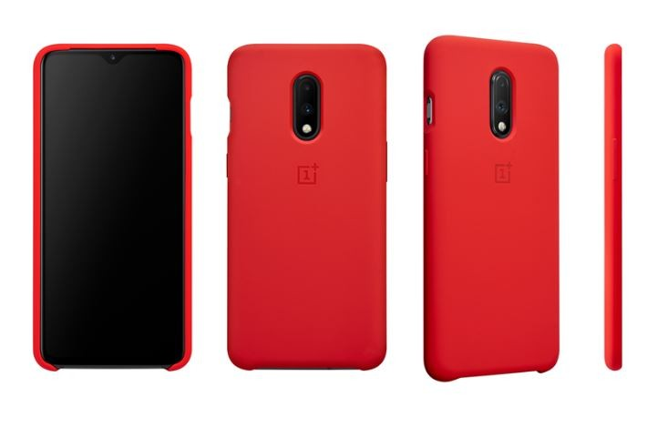 Tres vistas de una funda roja para smartphone. En una funda se ve la pantalla del teléfono.
