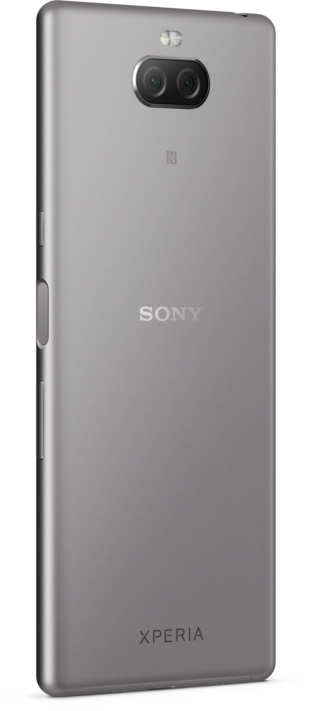 Silbernes Sony Xperia Smartphone mit Dual-Kameras und Sony-Logo auf der Rückseite.