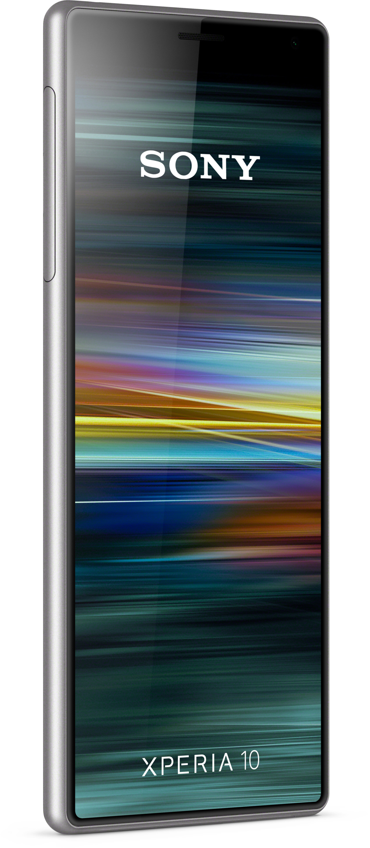 Ein silbernes Telefon, Seitenansicht, mit einem Display, das einen bunten Hintergrund zeigt.