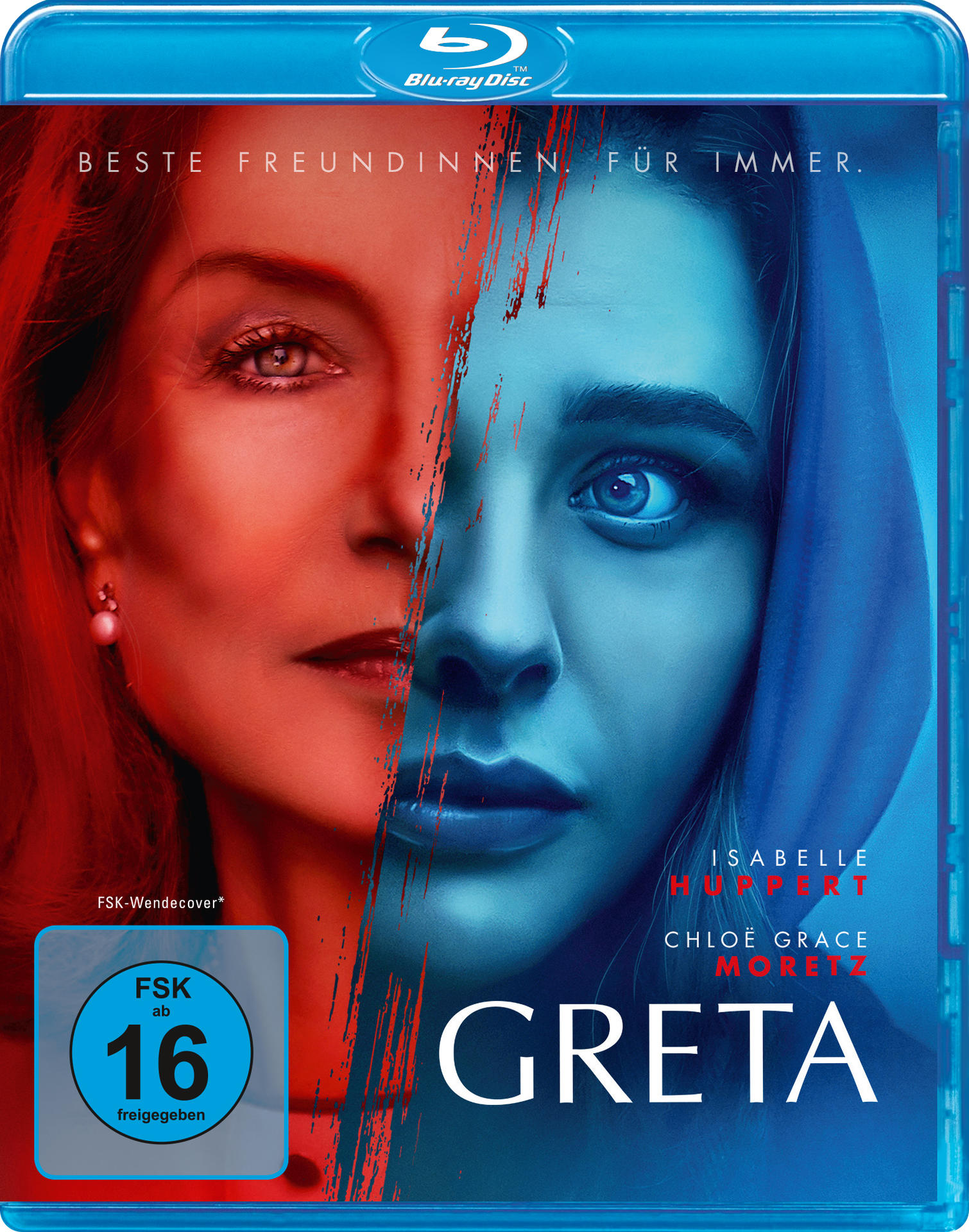 Blu-ray-Cover mit zwei Gesichtern, rot und blau. Text: Greta.