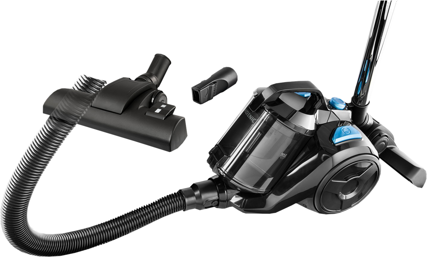 Ein schwarzer Staubsauger mit Aufsätzen. Ein Schlauch und verschiedene Düsen sind abgenommen, neben dem Hauptteil.